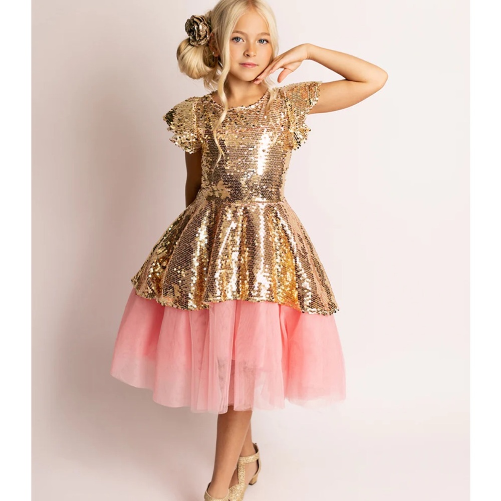 JOYFOLIE ELSBETH PETTICOAT DRESS IN GOLD & PINK. WORN ONCE! SZ 7